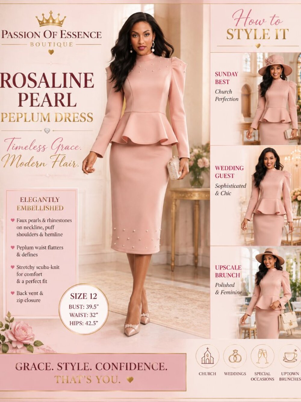 Rosaline Blush Pink Pearl Peplum Midi Dress Size 12 Church Wedding Guest